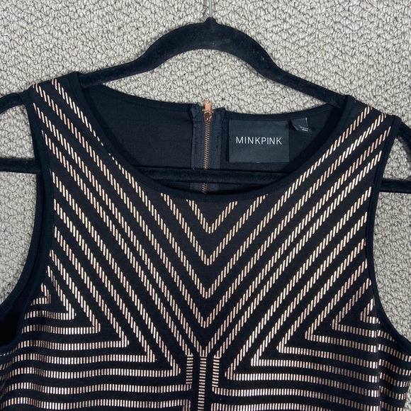 Minkpink Vanishing Point Mini Dress Large Black Gold Patterned Print Bodycon - Picture 2 of 12